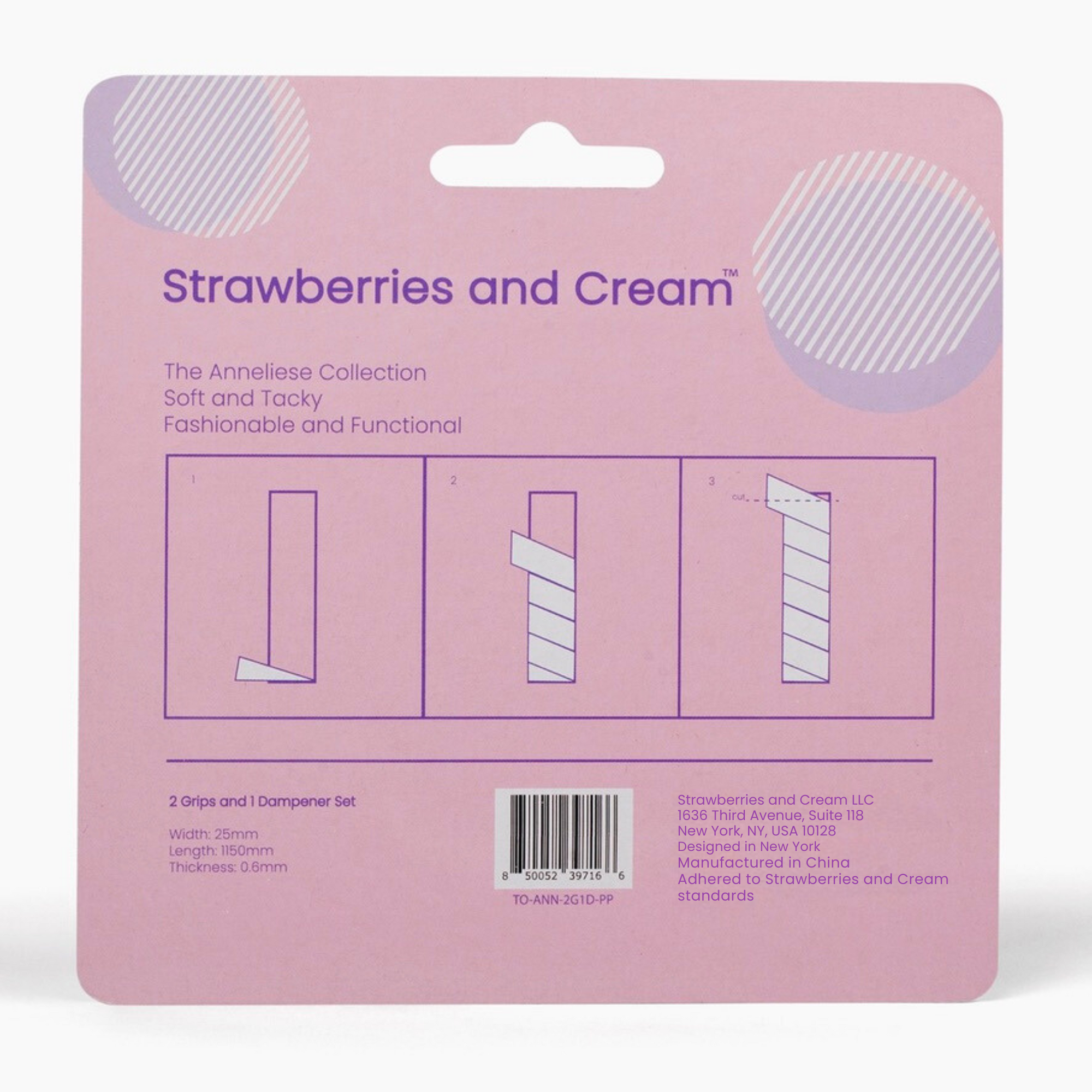The back side of the packaging of the Anneilese Collection Matching Overgrip and Dampener Set with information and instructions