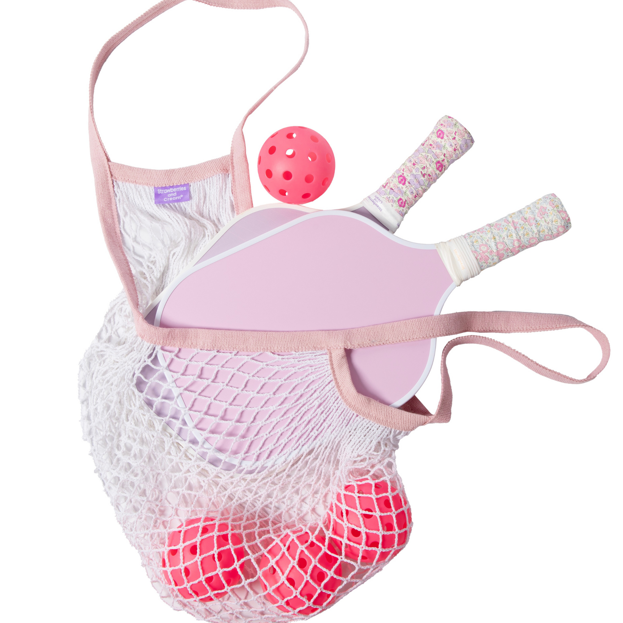 Pickleball mash bag with 2 paddles and 4 pink pickleballs