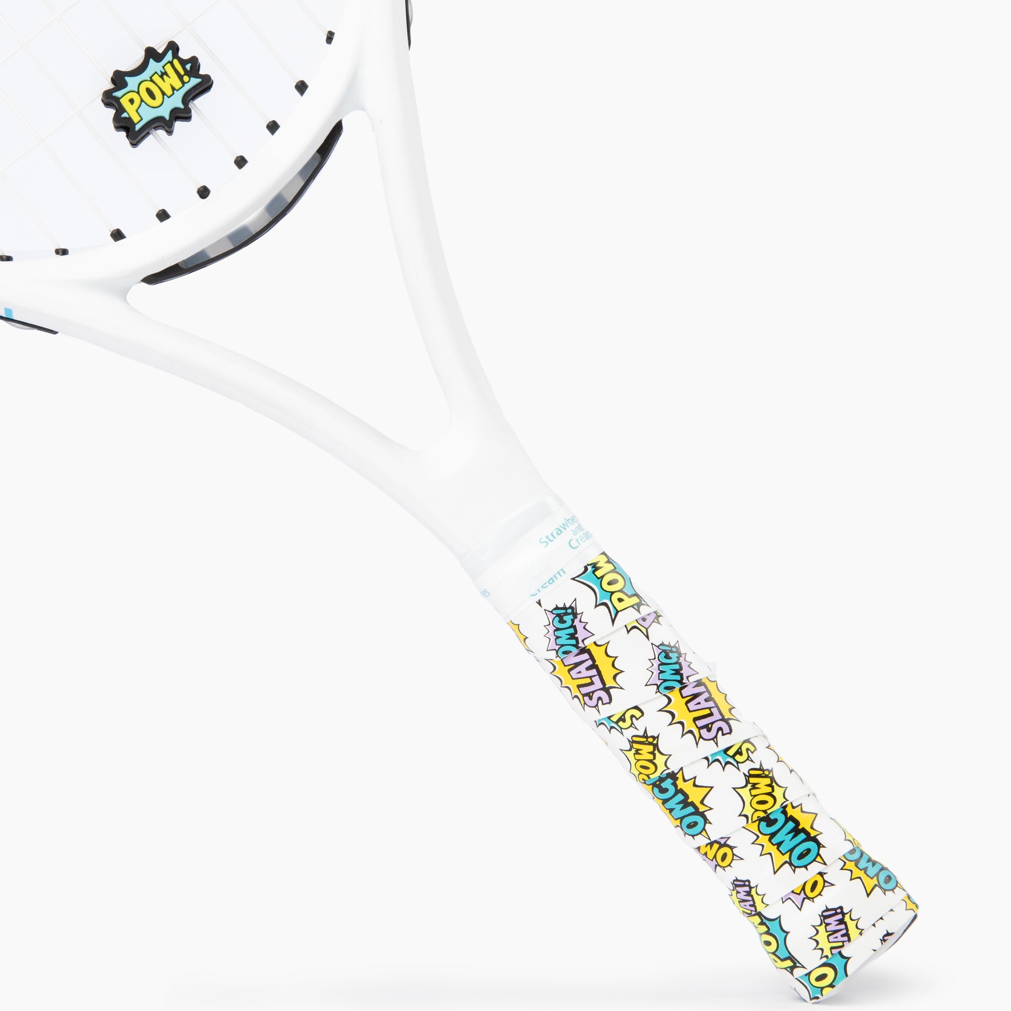 Tennis racket adored withThe POW Collection Matching Tennis Overgrip and Damnpener Set - Blue