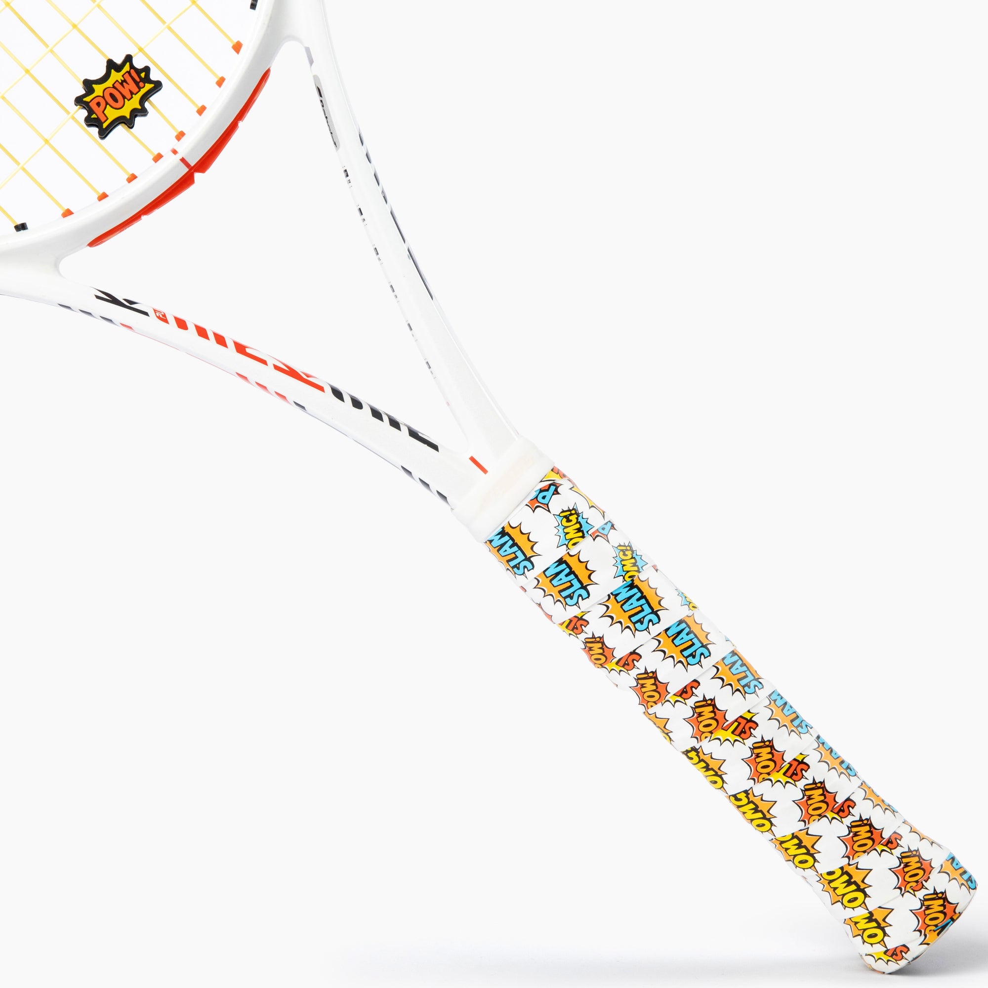 Tennis racket adorned with The POW Collection Matching Overgrip and Dampener Set - Orange