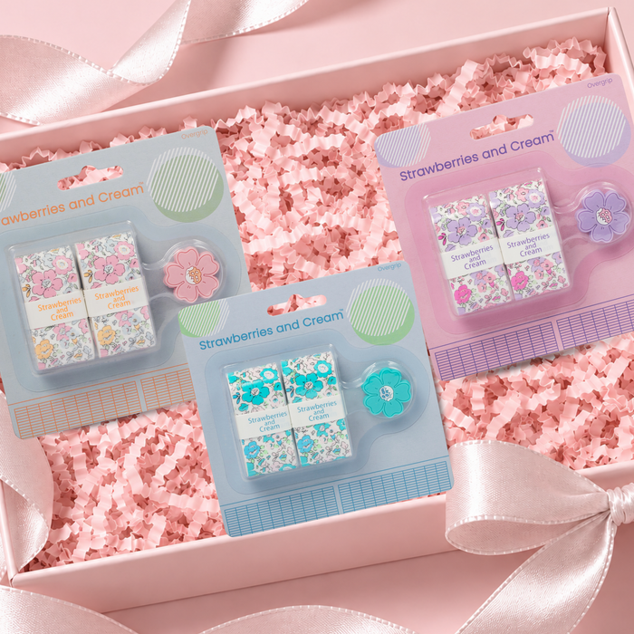 Strawberries and Cream grip and dampener bundles in a pink gift box
