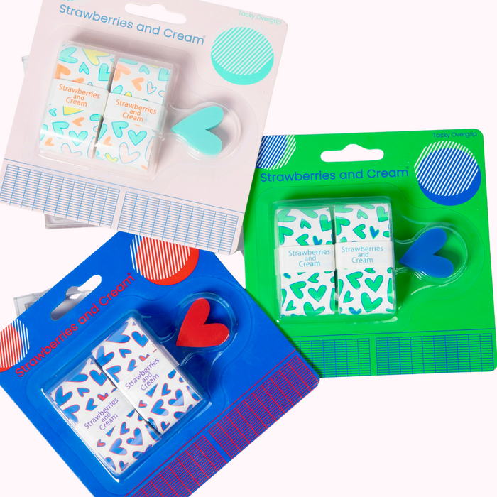 3 matching tennis grips and shock-absorber sets pastel, blue and green