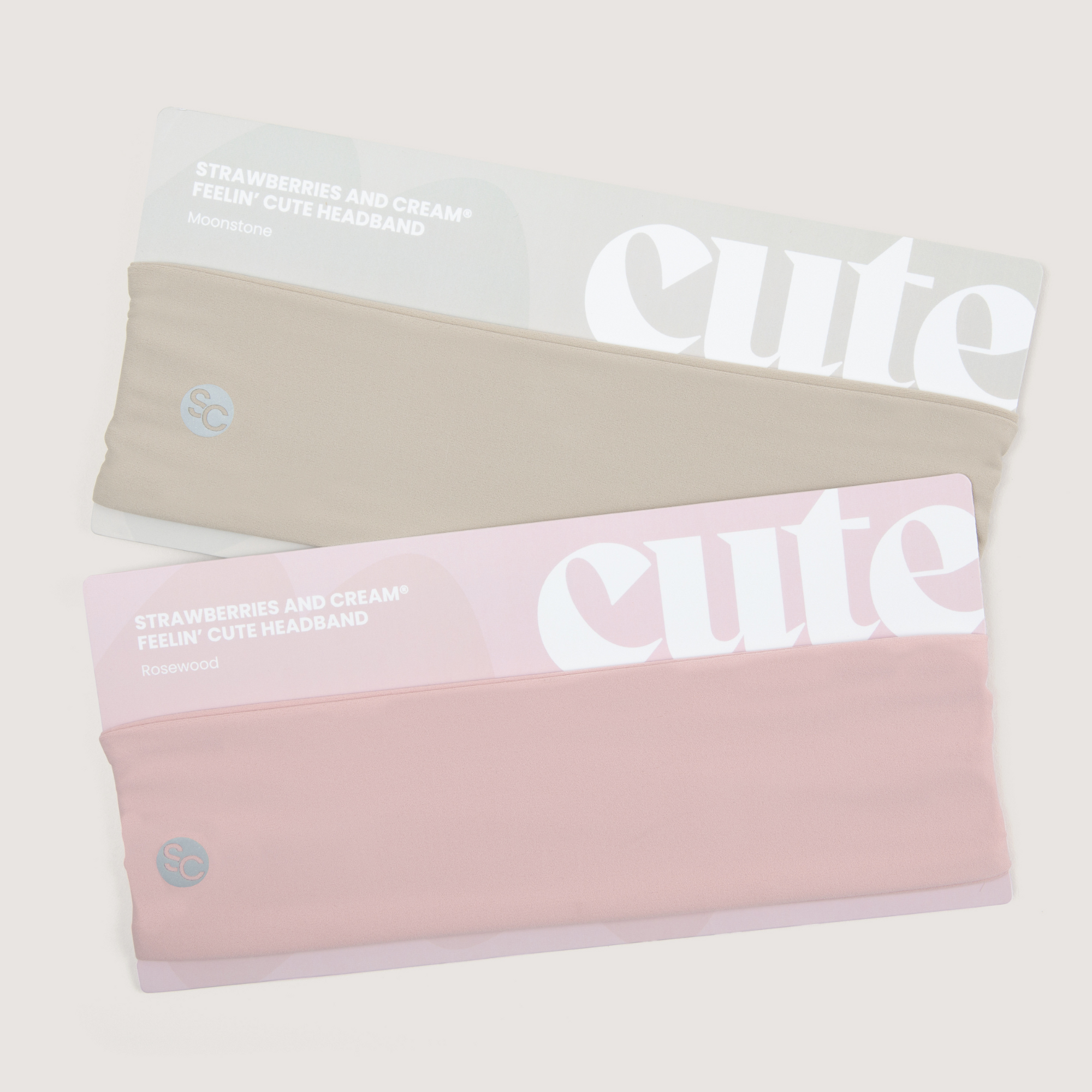 Two headbands, one beige and one pink, with 'cute' text on a clear background.