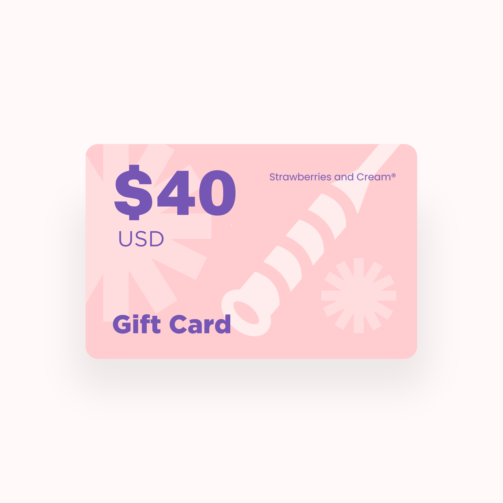 An illustration of a digital gift card from Strawberries and Cream, displaying $25 USD value with pink and white color themes and decorative elements.