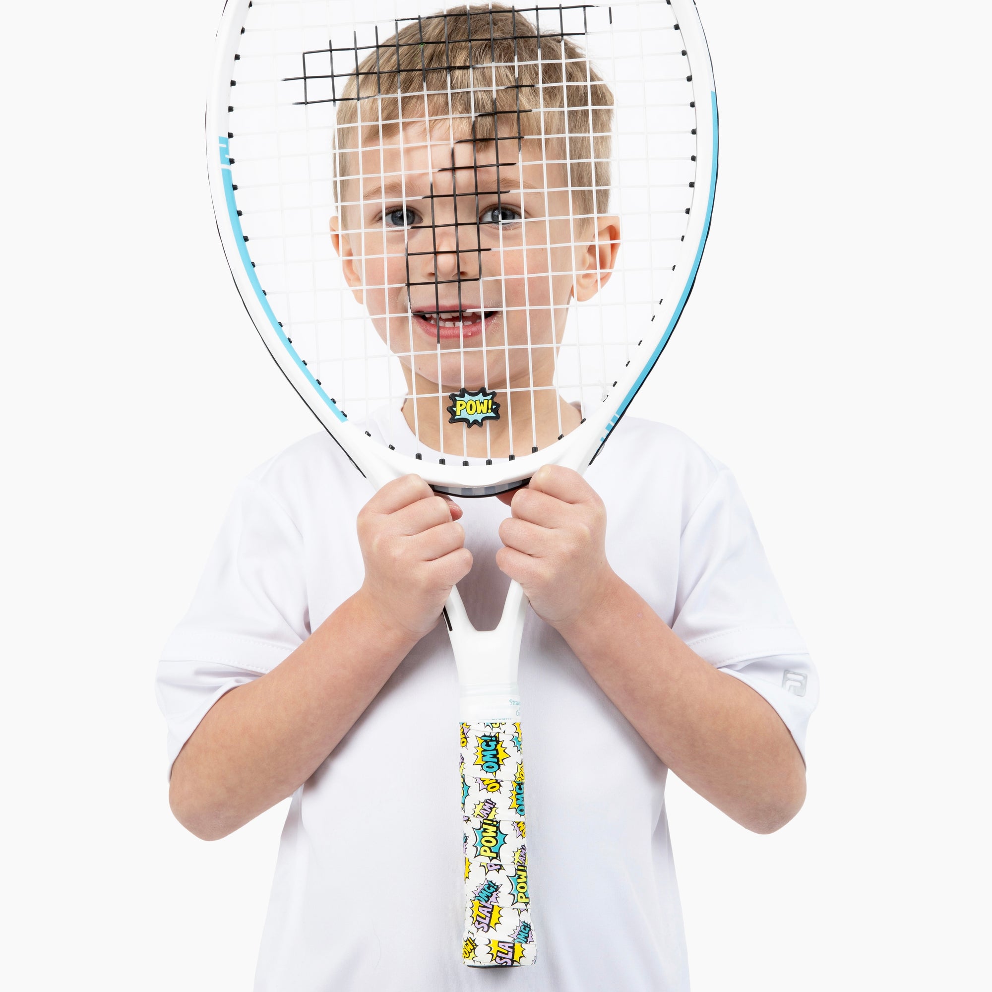 Boy holding a tennis racket adored withThe POW Collection Matching Tennis Overgrip and Damnpener Set - Blue