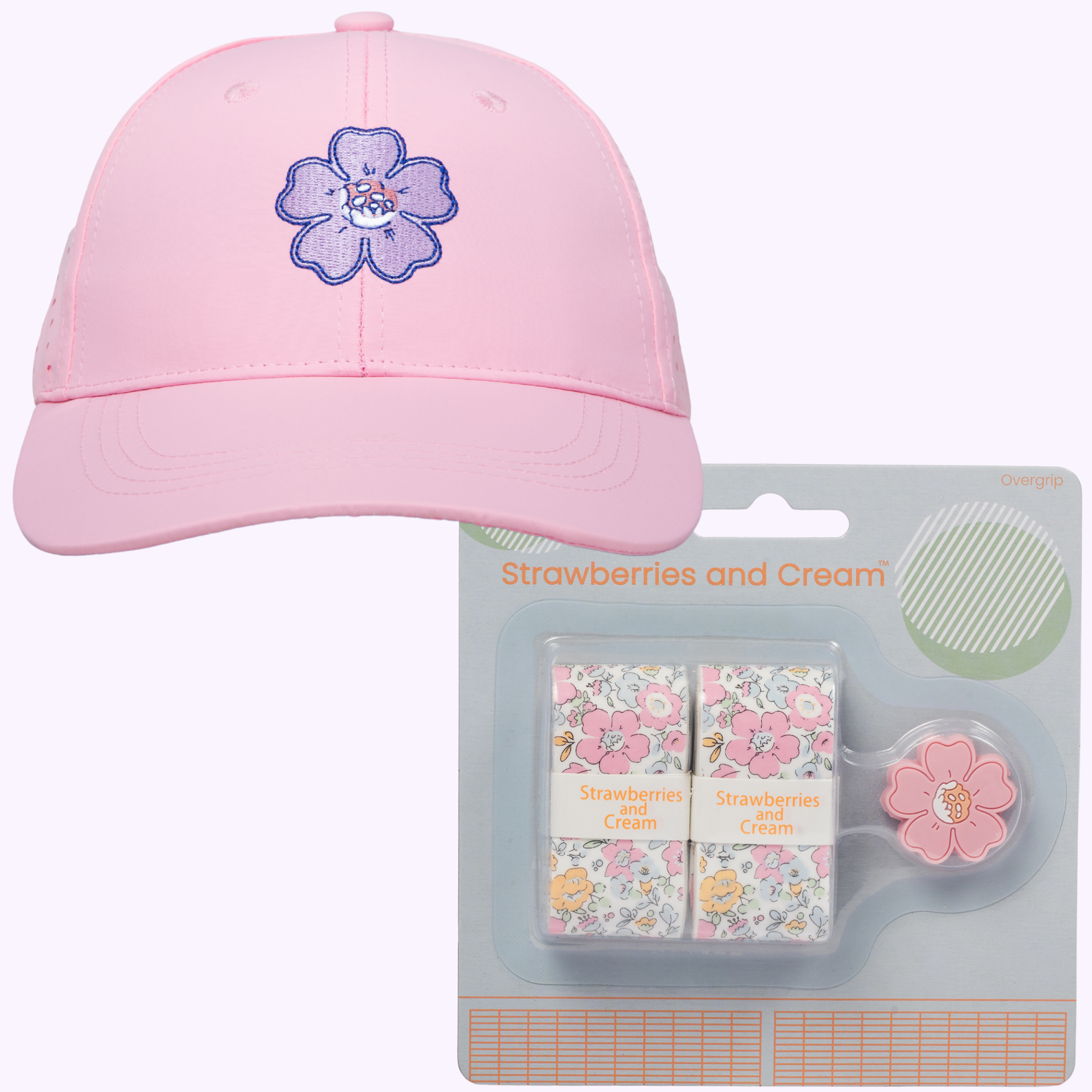 Pink Anneliese Tennis Court Kit with pink floral hat, 2  pink overgrip and matching flower dampener