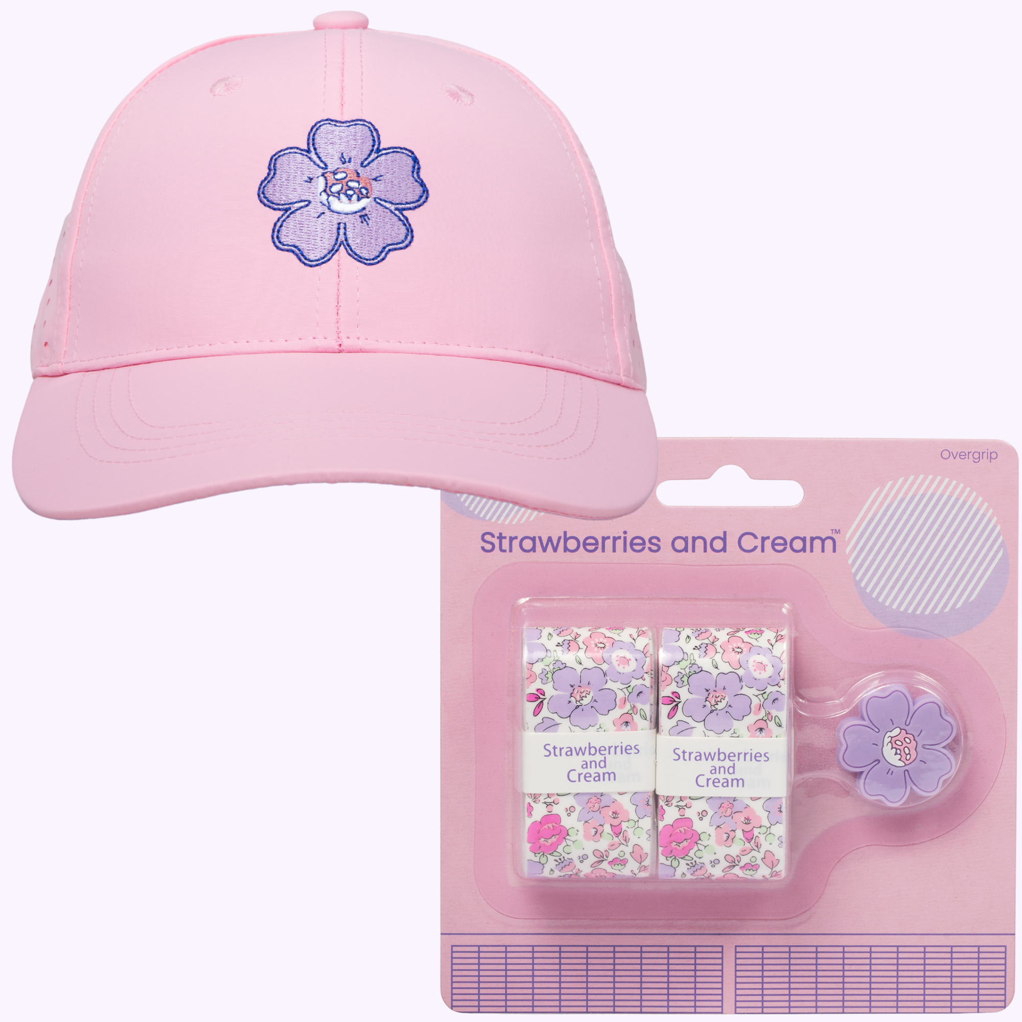 Purple Anneliese Tennis Court Kit with pink floral hat, 2 purple overgrip and matching flower dampener