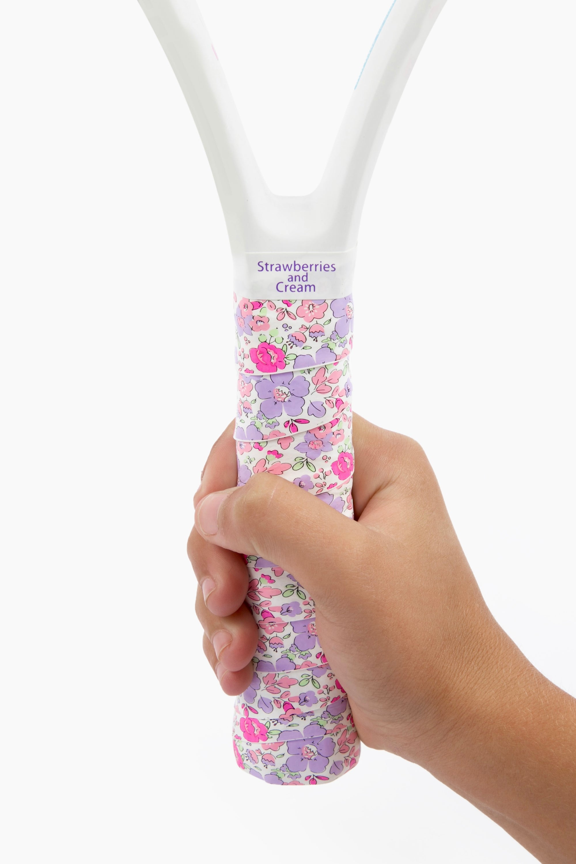 Tennis racket handle wrapped with Purple Anneliese floral tennis overgrip