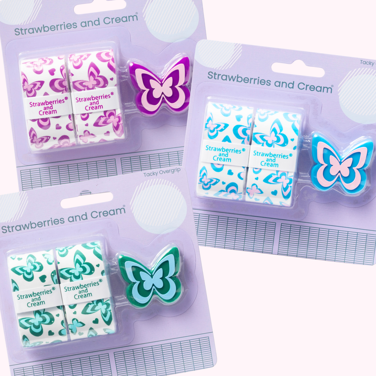 Strawberries and Cream Becoming Bundle featuring three butterfly-print tennis overgrip and matching butterfly dampener sets in purple, blue, and green.