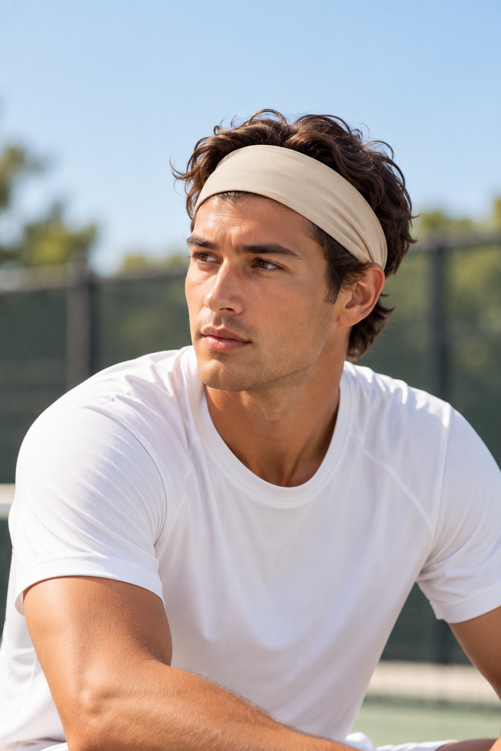 Male tennis player wearing the Strawberries & Cream Moonstone tennis headband on court.
