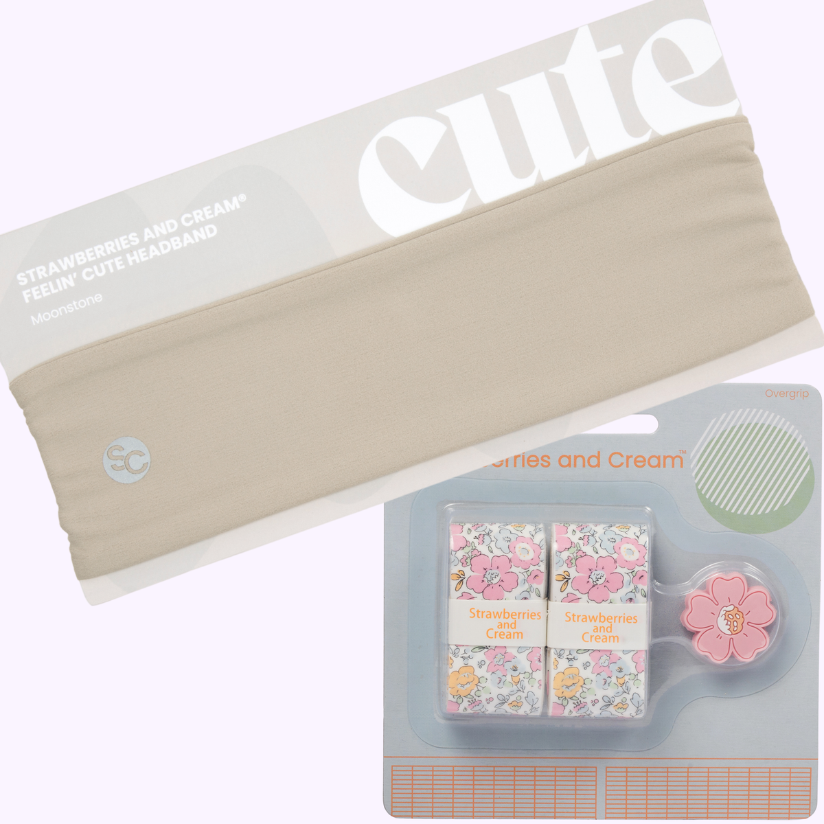 Strawberries & Cream® Tennis Match Kit with Moonstone headband, Pink Floral overgrips and matching flower vibration dampener.
