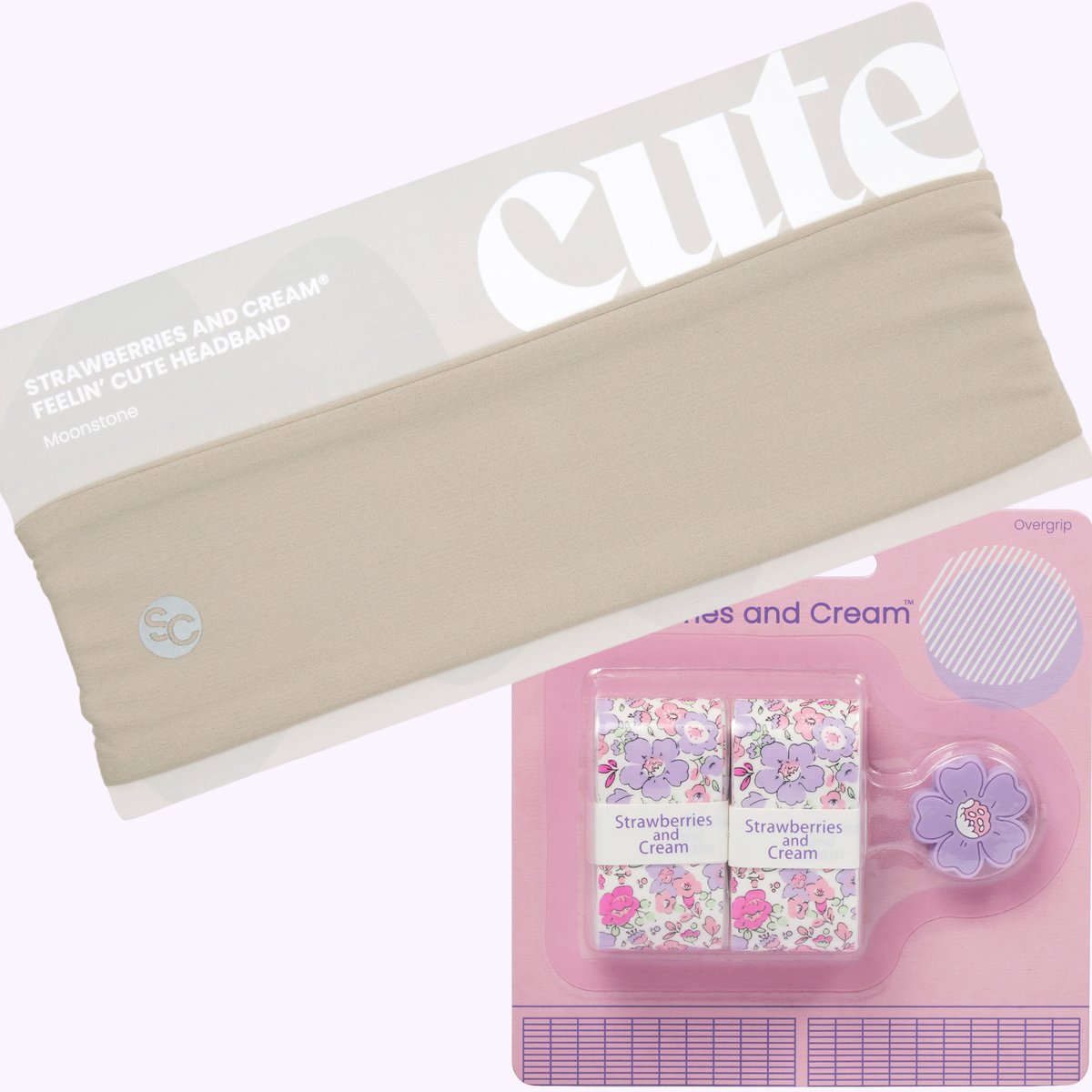 Strawberries & Cream® Tennis Match Kit with Moonstone headband, Purple Floral overgrips and matching flower vibration dampener.