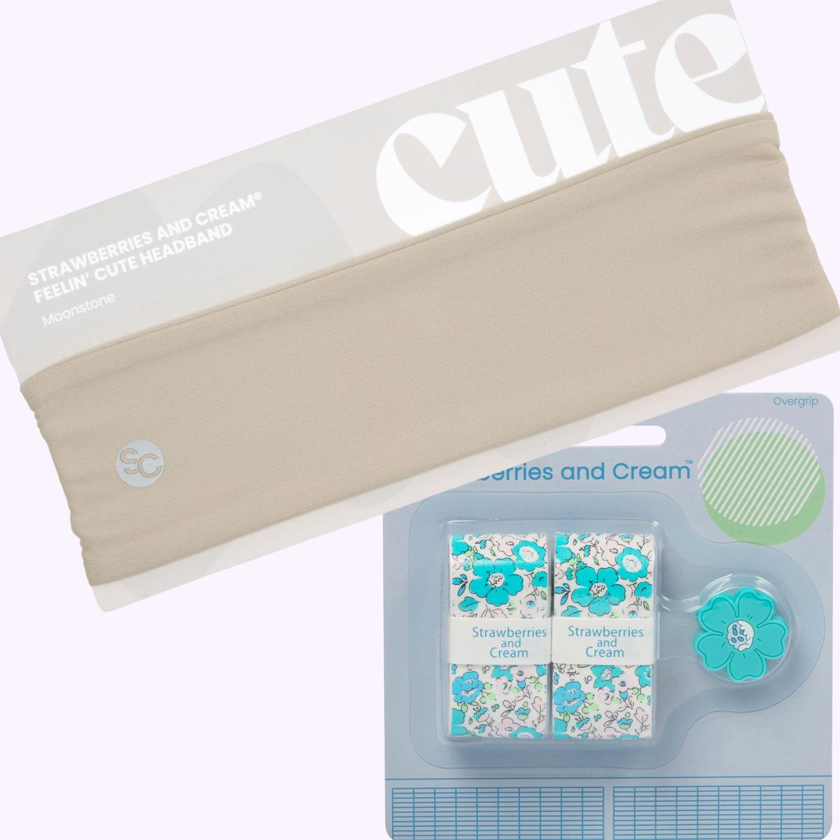 Strawberries & Cream® Tennis Match Kit with Moonstone headband, Turquoise Floral overgrips and matching flower vibration dampener.