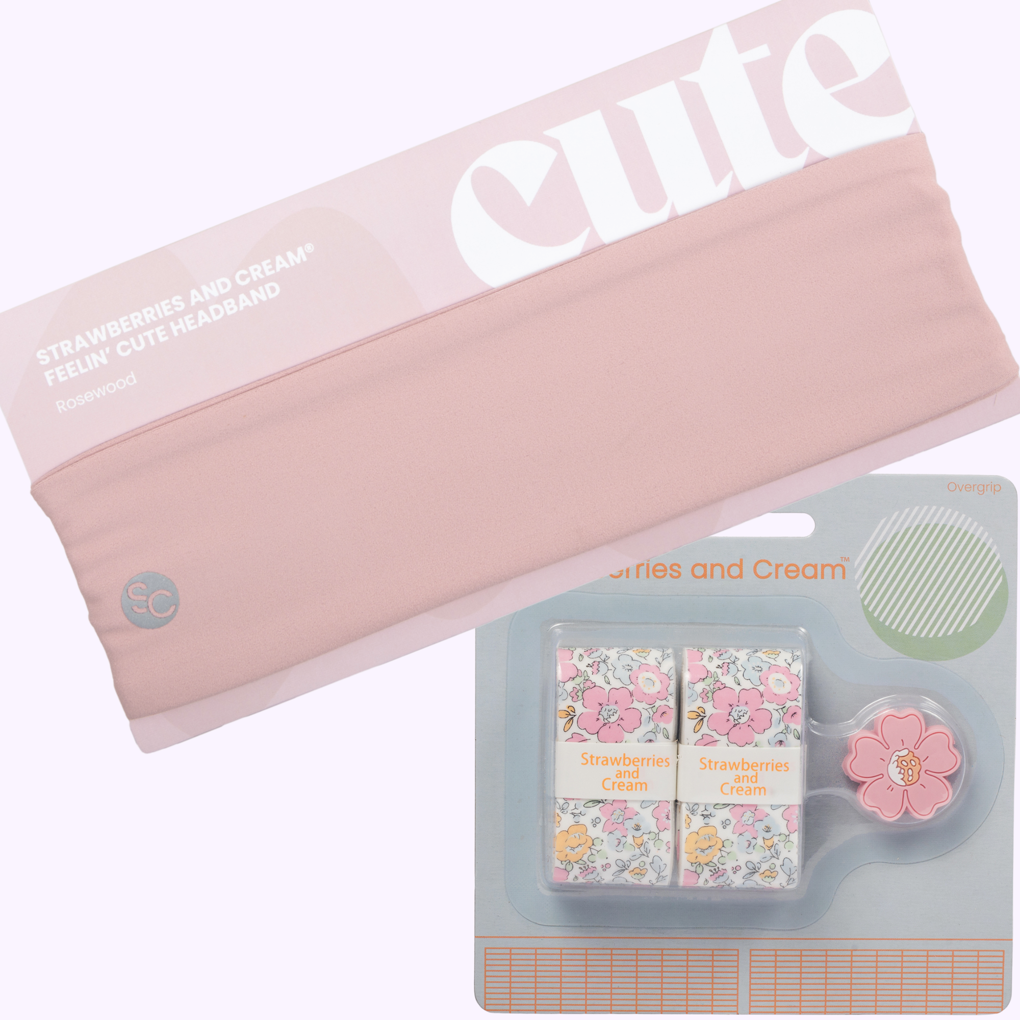Strawberries & Cream® Tennis Match Kit with Rosewood headband, Pink Floral overgrips and matching flower vibration dampener.
