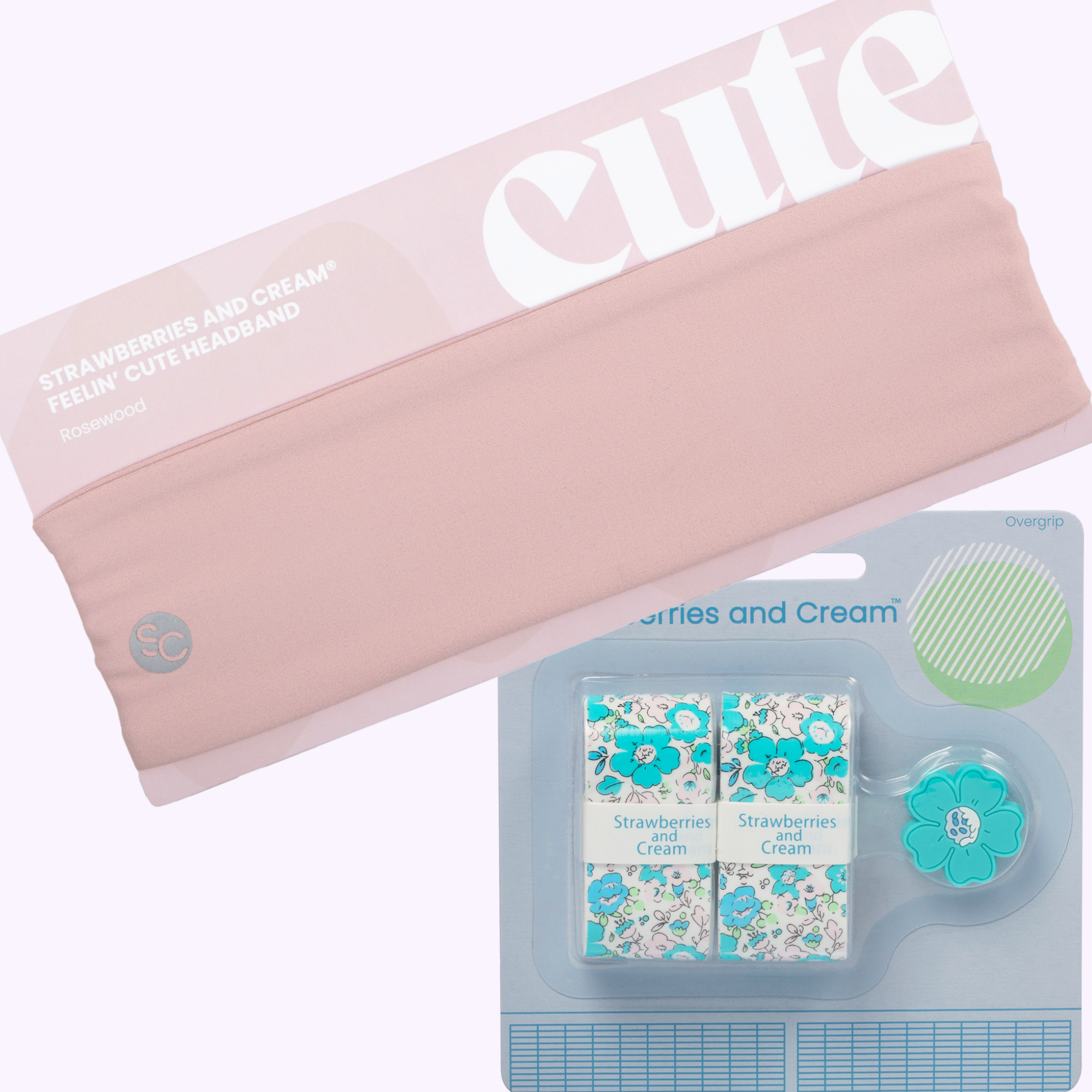 Strawberries & Cream® Tennis Match Kit with Rosewood headband, Turquoise Floral overgrips and matching flower vibration dampener.