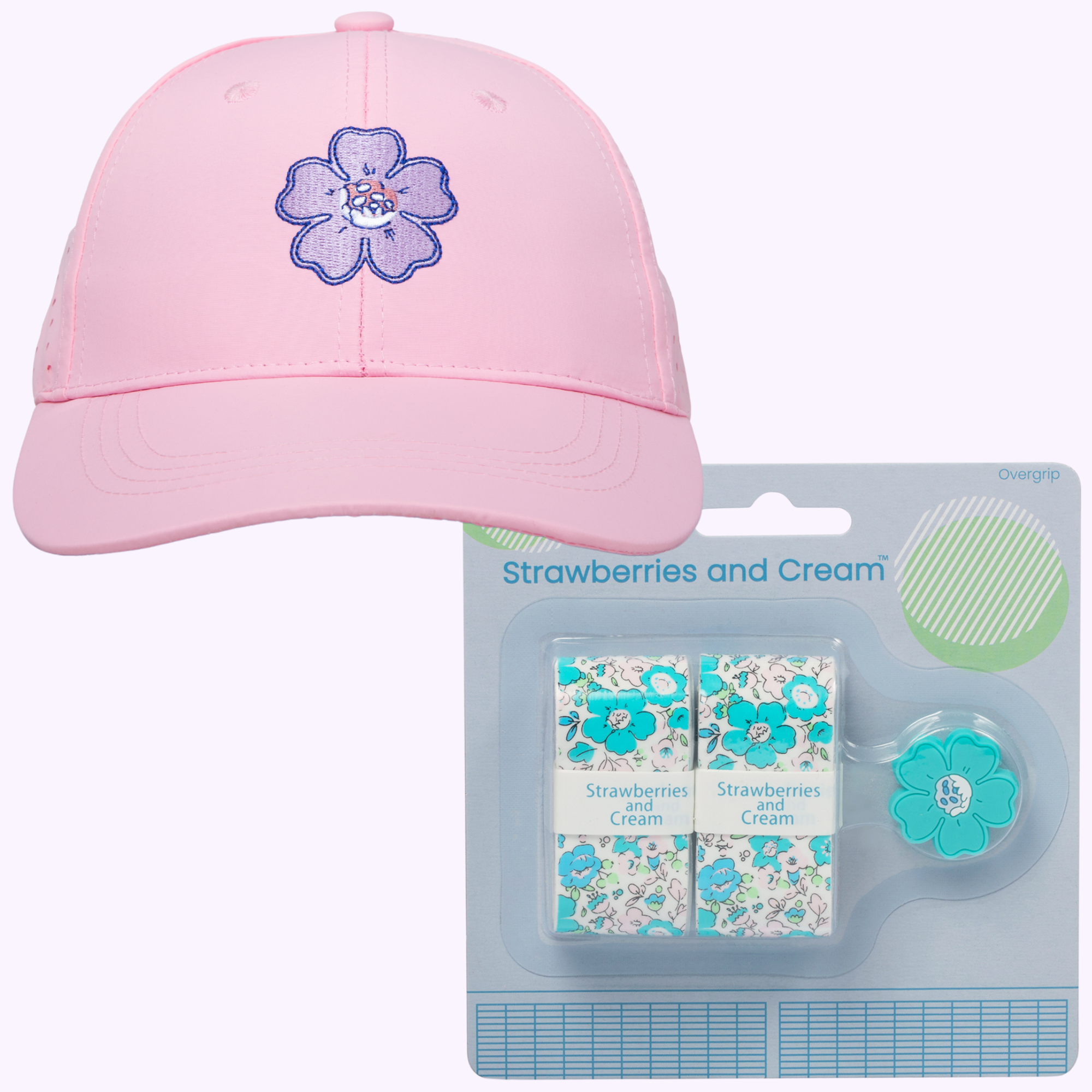 Turquoise Anneliese Tennis Court Kit with pink floral hat, 2 turquoise overgrip and matching flower dampener